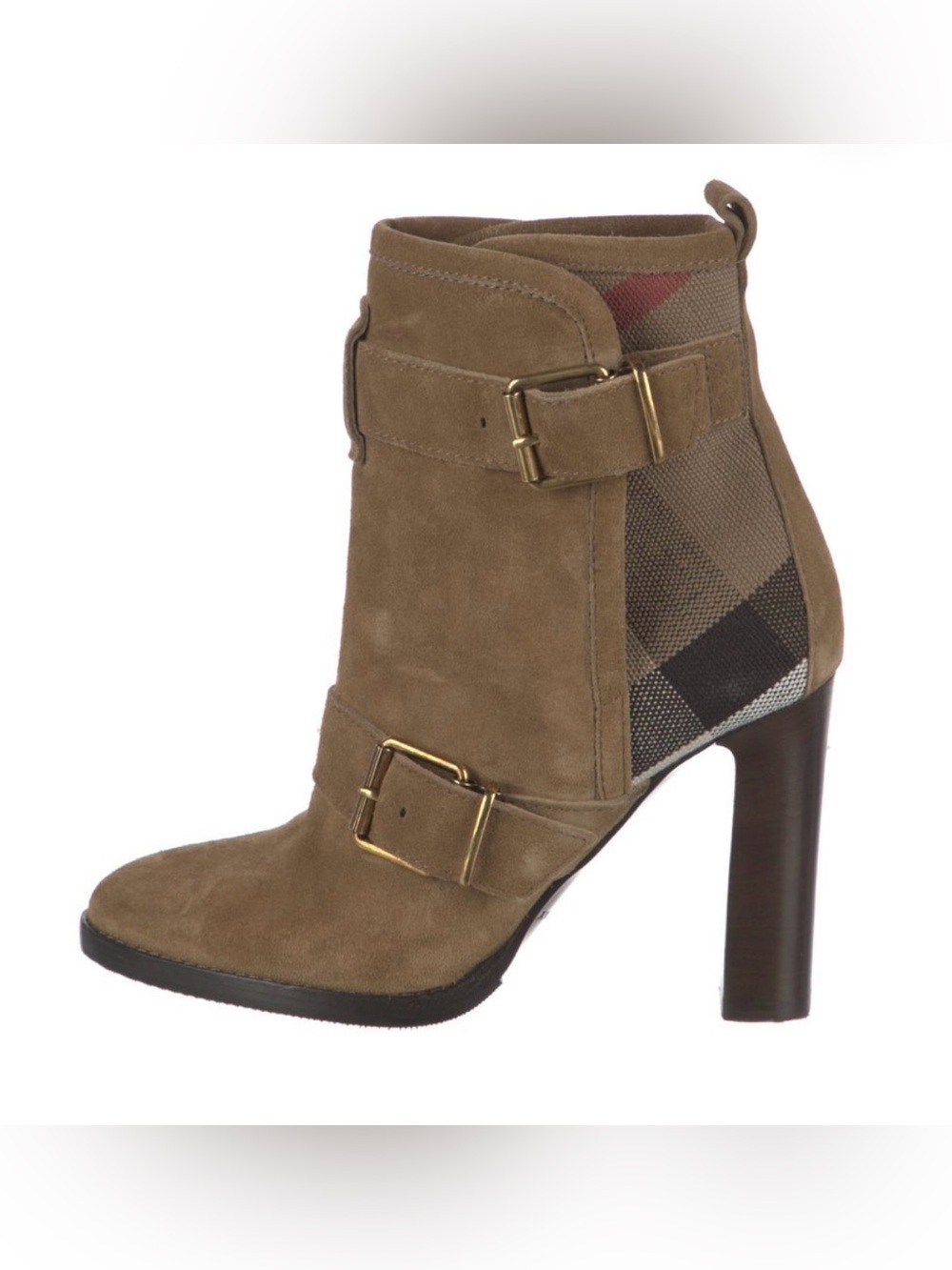 Burberry Suede Tan Heeled Ankle Boots with Buckle and Burberry Plaid Detail